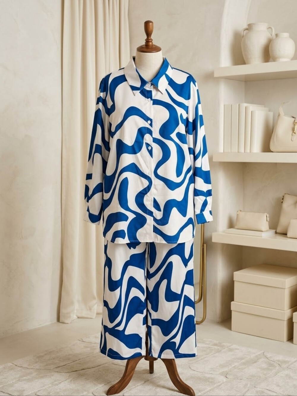 Shein 4XL Blue & White Abstract 2-Piece Pants Set